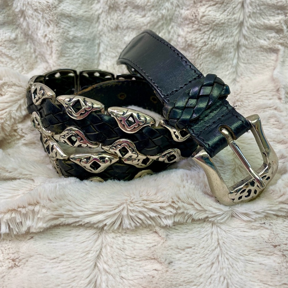 VTG Capezio 1” Black Leather Braided Belt Silver Tone Conchos S/M Brass Buckle